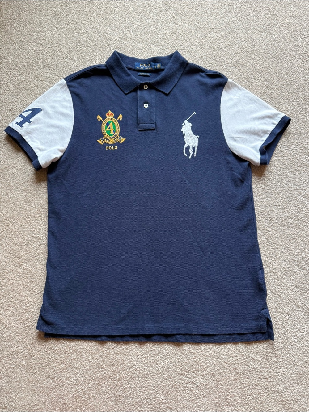 Ralph Lauren Navy Polo with White Sleeves & Crest